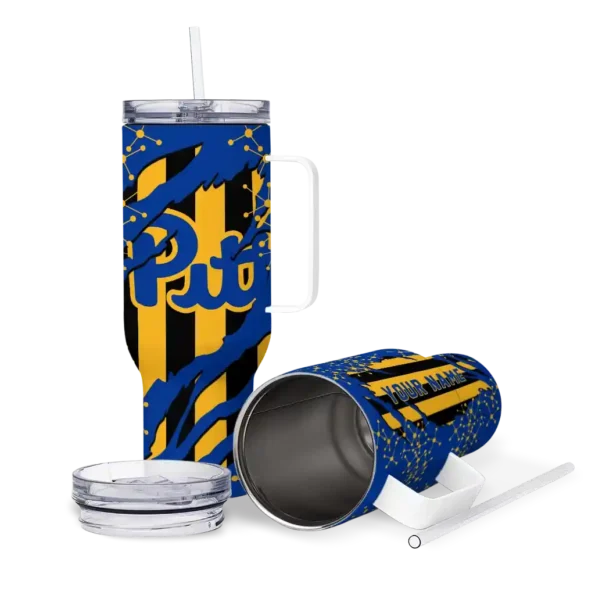 personalized pittsburgh panthers claw cut royal blue black curved tumbler high quality.webp