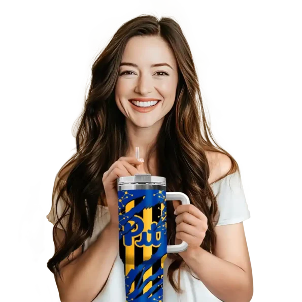 personalized pittsburgh panthers claw cut royal blue black curved tumbler premium grade.webp