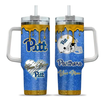 personalized pittsburgh panthers heart helmet motif royal blue curved tumbler best selling.webp