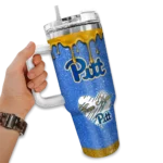 personalized pittsburgh panthers heart helmet motif royal blue curved tumbler best selling.webp