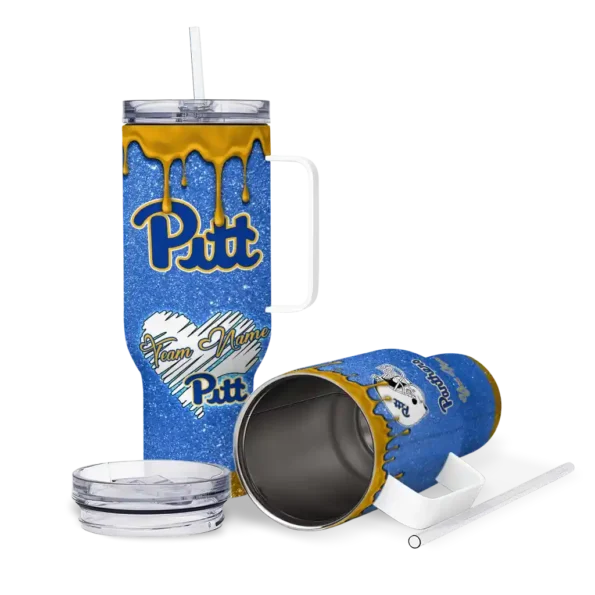 personalized pittsburgh panthers heart helmet motif royal blue curved tumbler high quality.webp