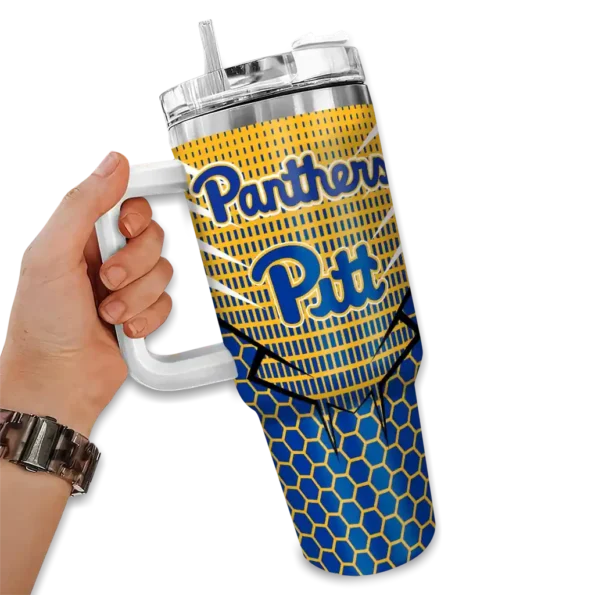 personalized pittsburgh panthers hex texture royal blue curved tumbler fashion forward.webp