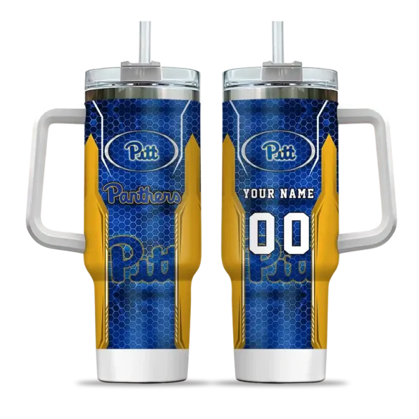 personalized pittsburgh panthers hexagon armor royal blue curved tumbler best selling.webp