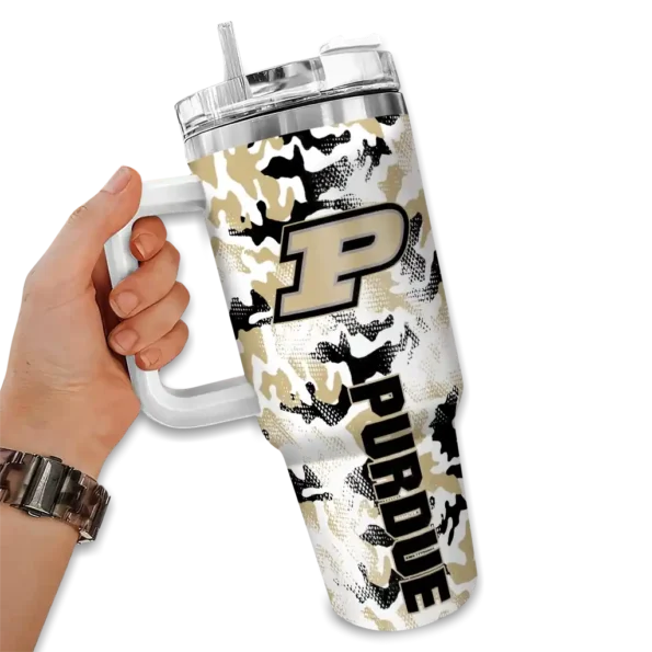 personalized purdue boilermakers camo mashup gold white curved tumbler fashion forward.webp