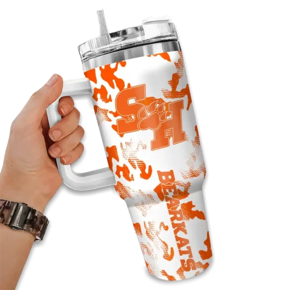 personalized sam houston bearkats camo mashup orange white curved tumbler fashion forward.webp