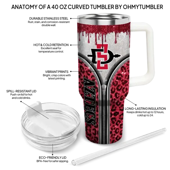 personalized san diego state aztecs leopard zipper red curved tumbler new arrival.webp