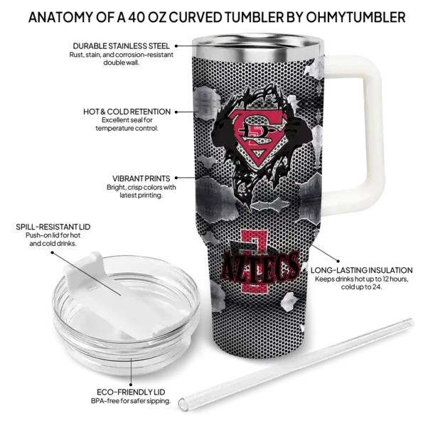 personalized san diego state aztecs superman shield red gray curved tumbler new arrival.webp