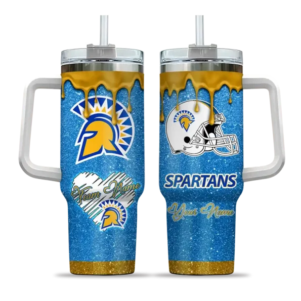 personalized san jose state spartans heart helmet motif blue curved tumbler best selling.webp
