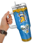 personalized san jose state spartans heart helmet motif blue curved tumbler best selling.webp