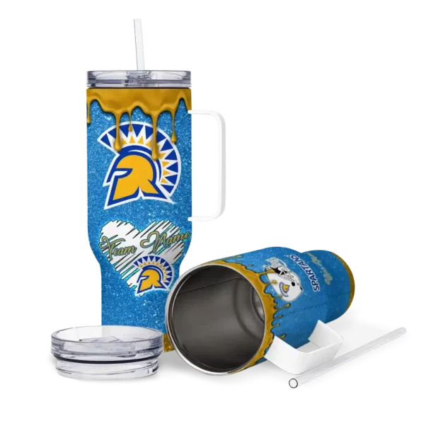 personalized san jose state spartans heart helmet motif blue curved tumbler high quality.webp