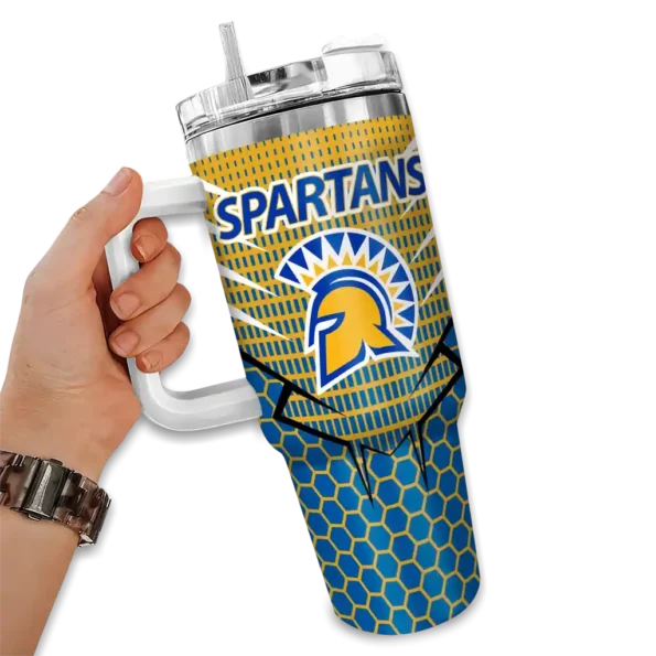personalized san jose state spartans hex texture blue curved tumbler fashion forward.webp