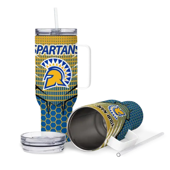 personalized san jose state spartans hex texture blue curved tumbler high quality.webp