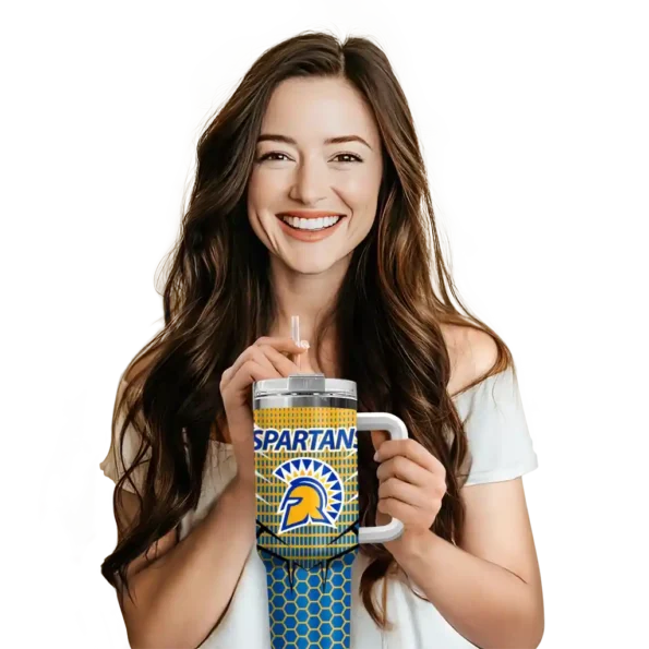 personalized san jose state spartans hex texture blue curved tumbler premium grade.webp