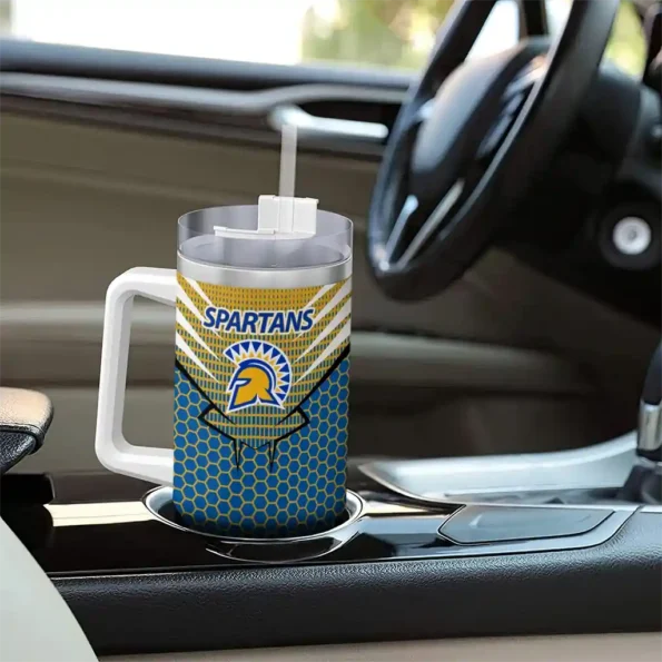personalized san jose state spartans hex texture blue curved tumbler trendy.webp