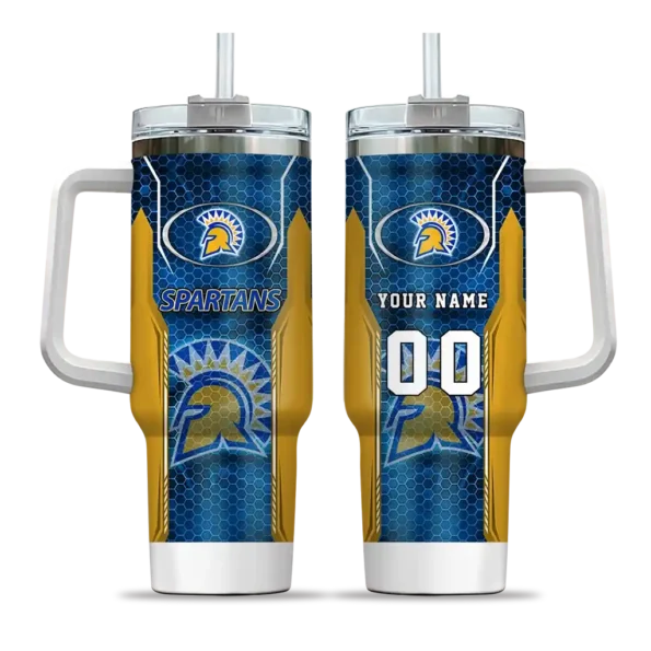 personalized san jose state spartans hexagon armor blue curved tumbler best selling.webp