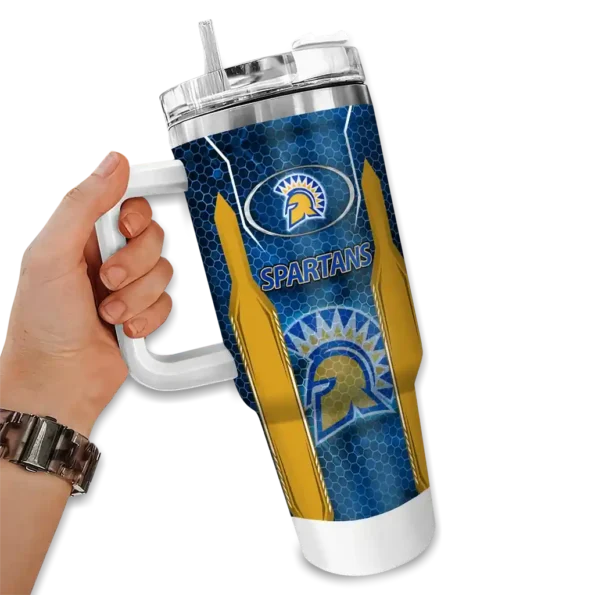 personalized san jose state spartans hexagon armor blue curved tumbler fashion forward.webp