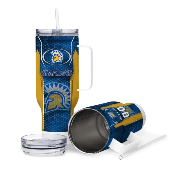 personalized san jose state spartans hexagon armor blue curved tumbler high quality.webp