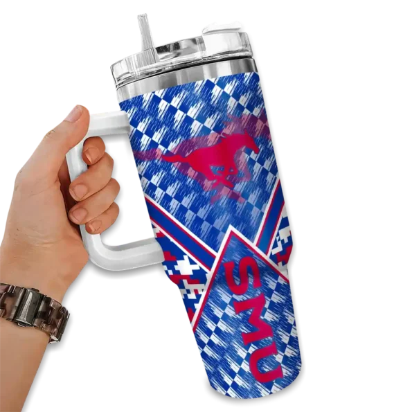 personalized smu mustangs chevron angle blue curved tumbler fashion forward.webp