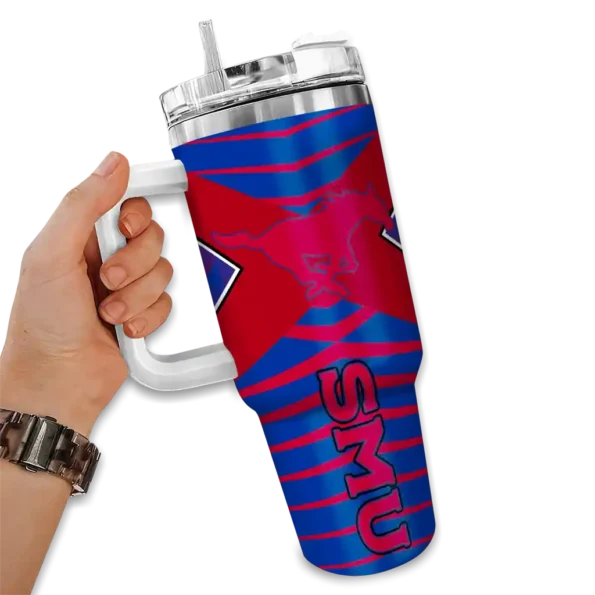 personalized smu mustangs chevron layers blue curved tumbler fashion forward.webp
