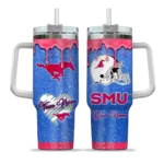 personalized smu mustangs heart helmet motif blue curved tumbler best selling.webp