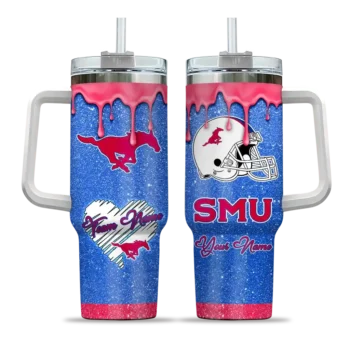 personalized smu mustangs heart helmet motif blue curved tumbler best selling.webp