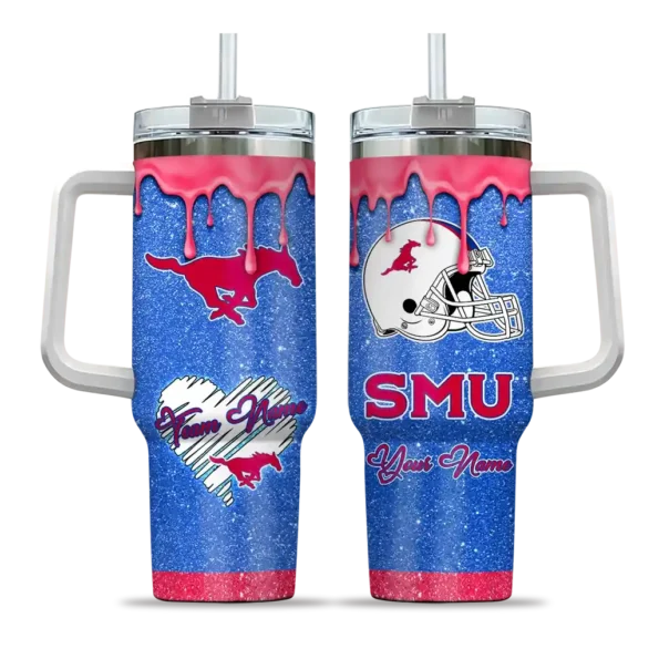 personalized smu mustangs heart helmet motif blue curved tumbler best selling.webp