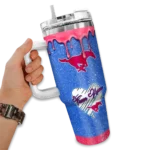 personalized smu mustangs heart helmet motif blue curved tumbler best selling.webp