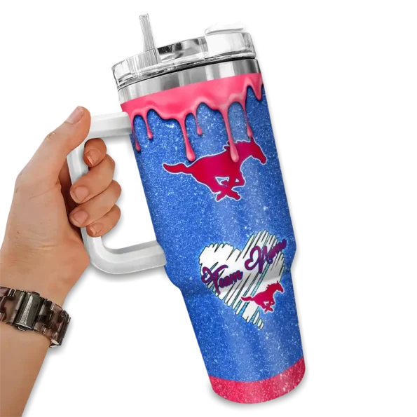 personalized smu mustangs heart helmet motif blue curved tumbler fashion forward.webp