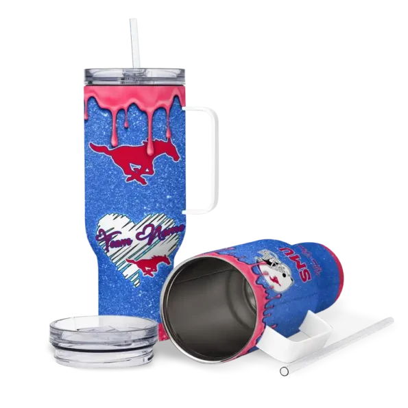 personalized smu mustangs heart helmet motif blue curved tumbler high quality.webp
