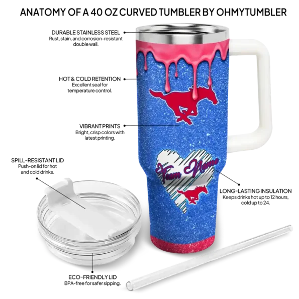 personalized smu mustangs heart helmet motif blue curved tumbler new arrival.webp