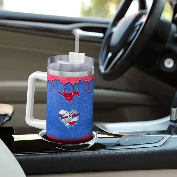 personalized smu mustangs heart helmet motif blue curved tumbler trendy.webp