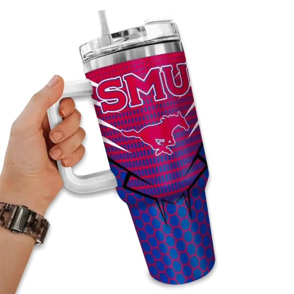 personalized smu mustangs hex texture blue curved tumbler fashion forward.webp