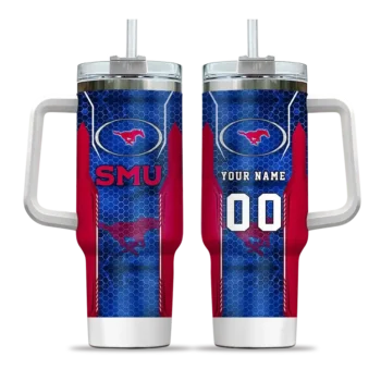 personalized smu mustangs hexagon armor blue curved tumbler best selling.webp