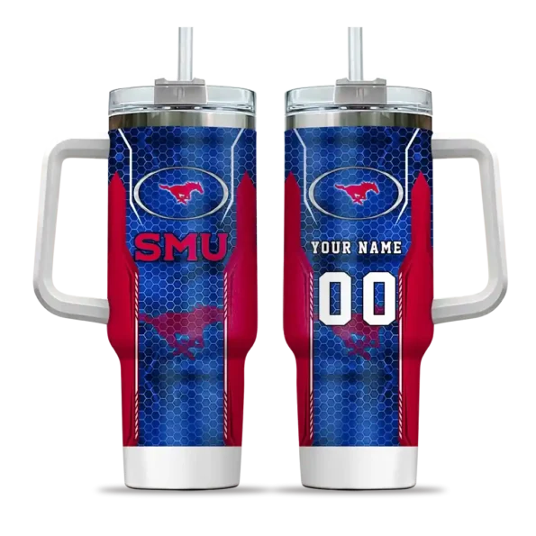 personalized smu mustangs hexagon armor blue curved tumbler best selling.webp