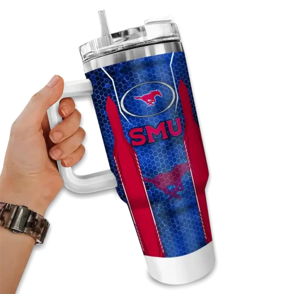 personalized smu mustangs hexagon armor blue curved tumbler fashion forward.webp