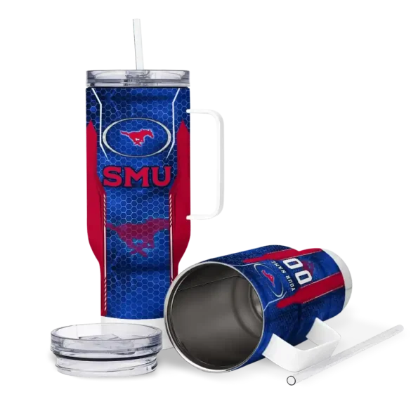 personalized smu mustangs hexagon armor blue curved tumbler high quality.webp