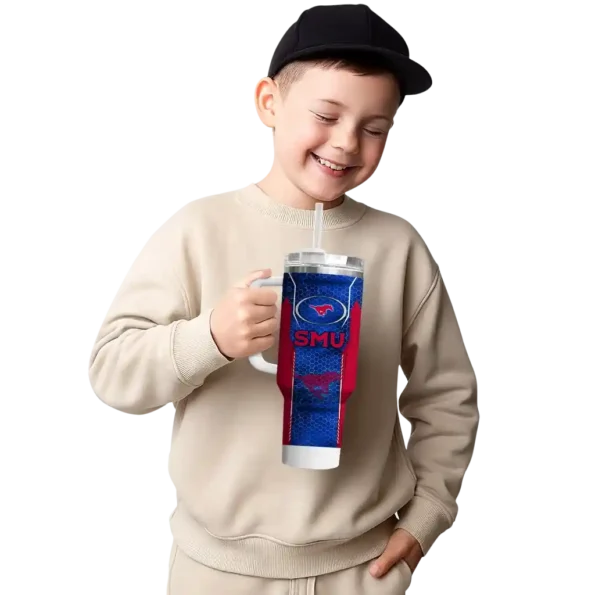 personalized smu mustangs hexagon armor blue curved tumbler latest model.webp