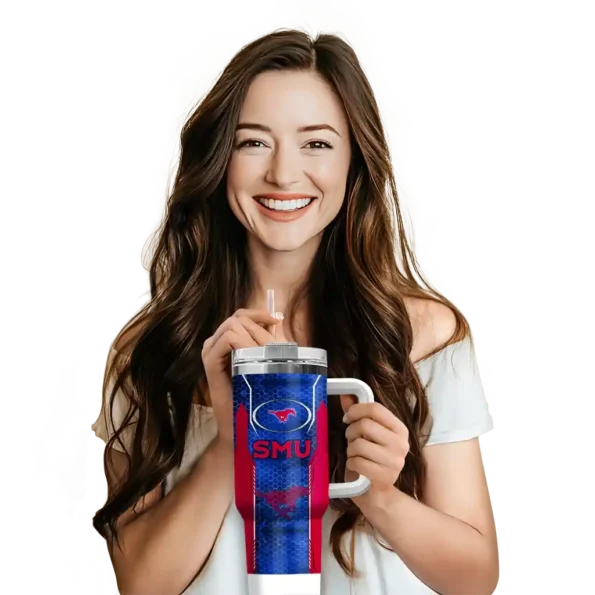 personalized smu mustangs hexagon armor blue curved tumbler premium grade.webp