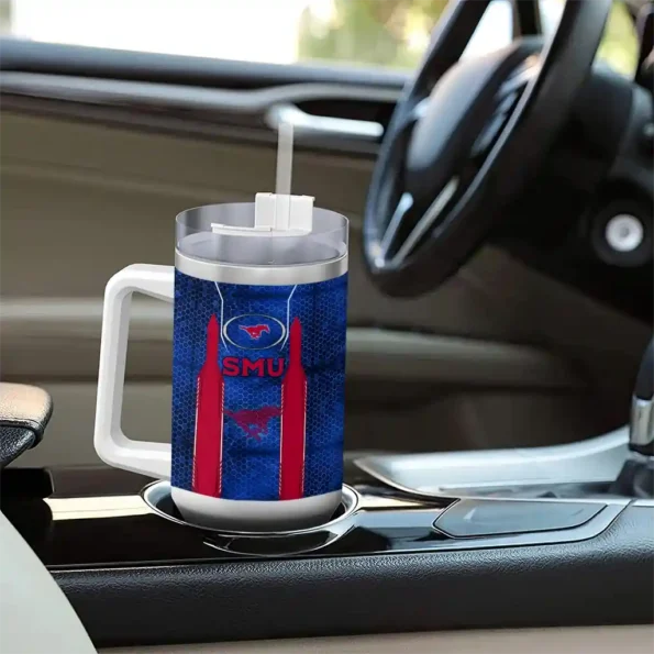 personalized smu mustangs hexagon armor blue curved tumbler trendy.webp