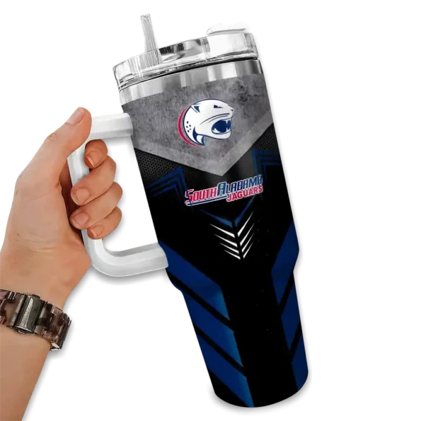 personalized south alabama jaguars arrow armor blue black curved tumbler fashion forward.webp