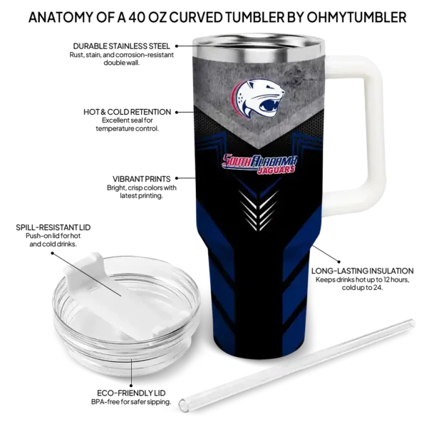 personalized south alabama jaguars arrow armor blue black curved tumbler new arrival.webp