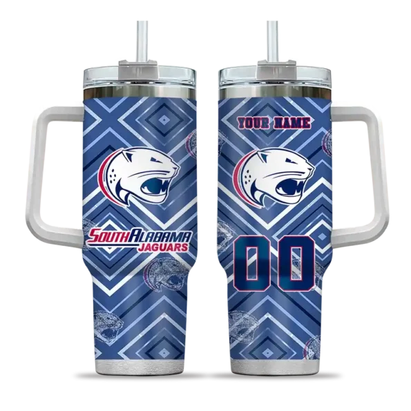 personalized south alabama jaguars bold diamonds blue curved tumbler best selling.webp