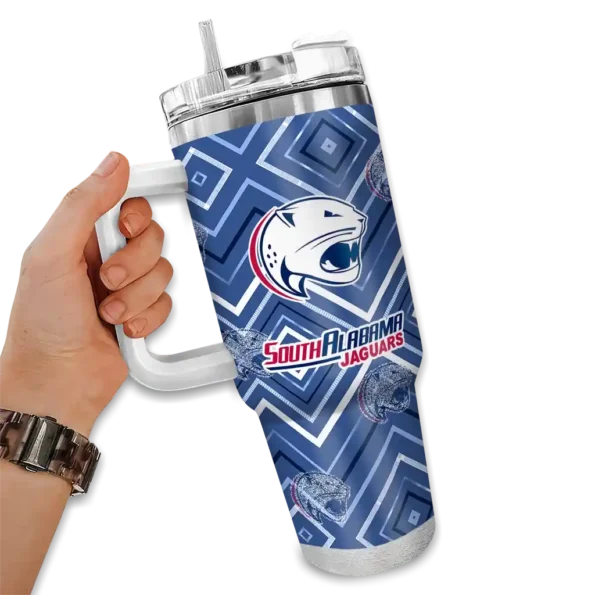 personalized south alabama jaguars bold diamonds blue curved tumbler fashion forward.webp