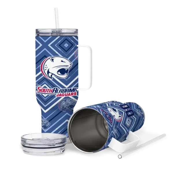 personalized south alabama jaguars bold diamonds blue curved tumbler high quality.webp