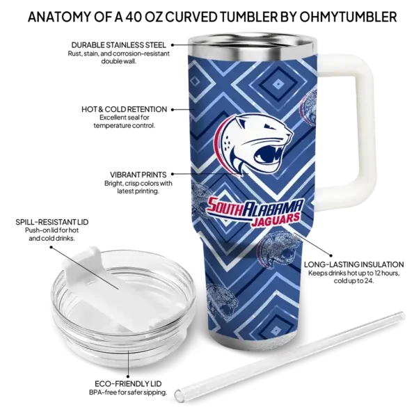 personalized south alabama jaguars bold diamonds blue curved tumbler new arrival.webp