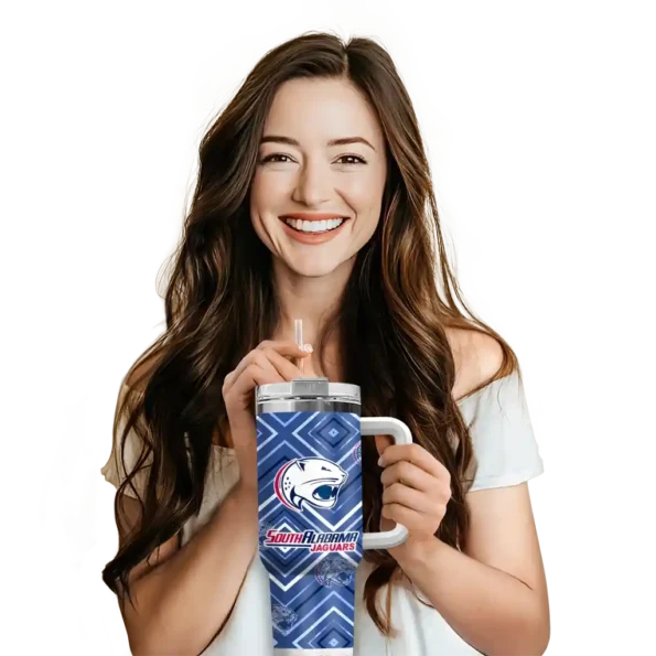 personalized south alabama jaguars bold diamonds blue curved tumbler premium grade.webp