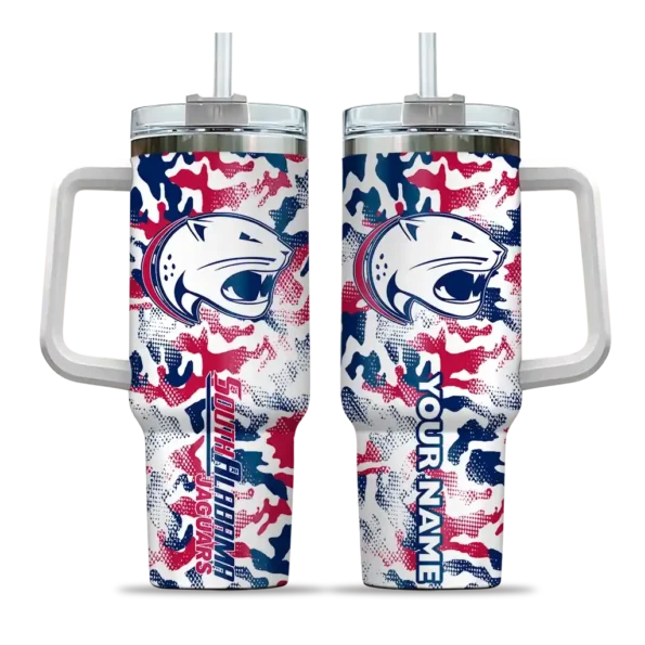 personalized south alabama jaguars camo mashup blue white curved tumbler best selling.webp