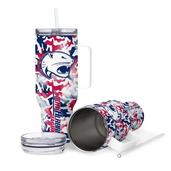 personalized south alabama jaguars camo mashup blue white curved tumbler high quality.webp