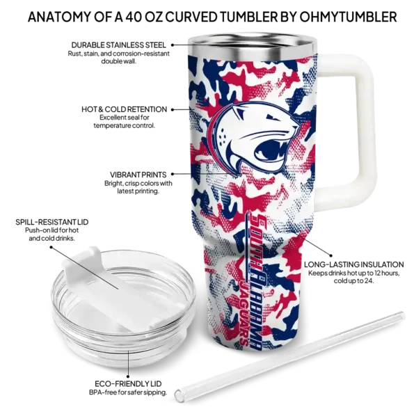 personalized south alabama jaguars camo mashup blue white curved tumbler new arrival.webp
