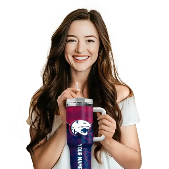 personalized south alabama jaguars chevron stripe blue curved tumbler premium grade.webp